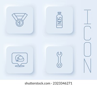 Set line Medal, Nitrous oxide, Racing helmet and Wrench spanner. White square button. Vector