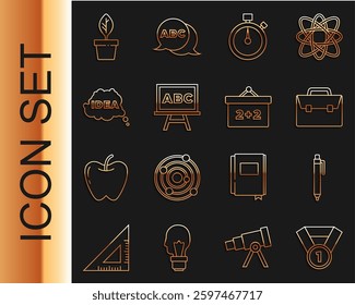 Set line Medal, Pen, Briefcase, Stopwatch, Chalkboard, Idea, speech bubble, Plant in pot and  icon. Vector