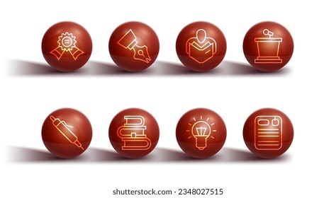 Set line Medal, Pen, Stage stand, Light bulb, Book, Fountain pen nib, Dossier folder and Man reading book icon. Vector