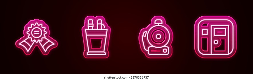 Set-line Medal, Pencil-Briefpapier, Ringalarm Glocke und Schulklasse-Zimmer. Leuchtendes Neonsymbol. Vektorgrafik
