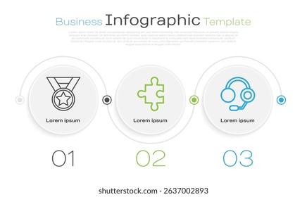 Set line Medal, Piece of puzzle and Headphones. Business infographic template. Vector