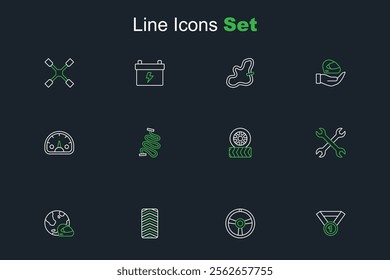 Set line Medal, Racing steering wheel, Car tire, helmet, Wrench spanner, track and Speedometer icon. Vector