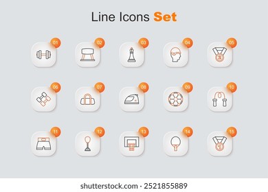 Set Linie Medaille, Racket, Basketball-Rückwand, Boxsack, Boxen kurz, Sprungseil, Fußball und Racing Helm Symbol. Vektorgrafik