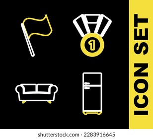 Set line Medal, Refrigerator, Sofa and Flag icon. Vector
