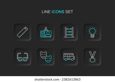 Set line Medal, School Bus, Comedy and tragedy masks, Glasses, Creative lamp light idea, Abacus, Identification badge and Ruler icon. Vector
