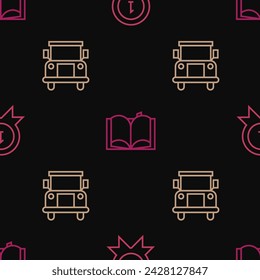 Set line Medal, School Bus and Open book on seamless pattern. Vector