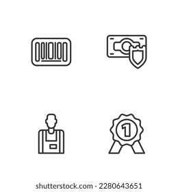 Set line Medal, Seller, Barcode and Money with shield icon. Vector