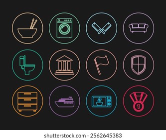 Set line Medal, Shield, Crossed meat chopper, Bank building, Toilet bowl, Bowl with chopsticks, Flag and Washer icon. Vector