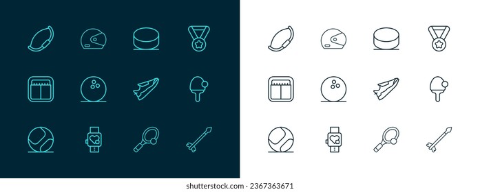 Fijar la línea Medal, reloj inteligente con corazón, zapatillas de tenis de fitness, bola de raqueta de tenis, bolera, disco de hockey, arco medieval e icono del casco de carreras. Vector