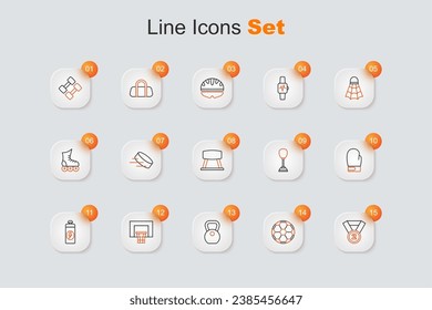 Set line Medal, Soccer football ball, Weight, Basketball backboard, Fitness shaker, Boxing glove, Punching bag and Pommel horse icon. Vector