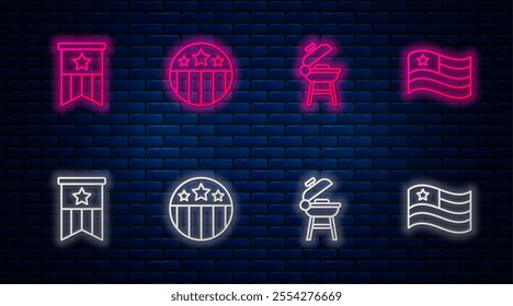 Set line Medal with star, Barbecue grill, American flag and . Glowing neon icon on brick wall. Vector