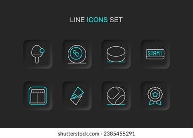 Set line Medal with star, Baseball ball, Flippers for swimming, Sport mechanical scoreboard, Ribbon finishing line, Hockey puck, Billiard pool snooker and Racket icon. Vector