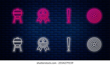 Set line Medal with star, Baseball bat, Barbecue grill and American shield. Glowing neon icon on brick wall. Vector