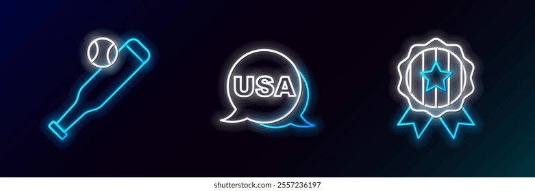 Set line Medal with star, Baseball bat ball and USA Independence day icon. Glowing neon. Vector