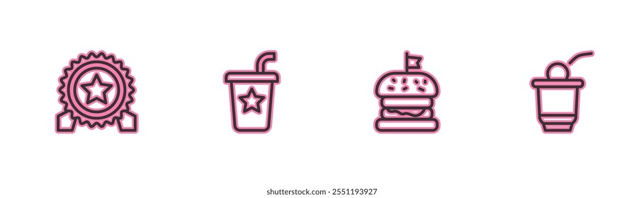 Set line Medal with star, Burger, Paper glass straw and Beer pong game icon. Vector