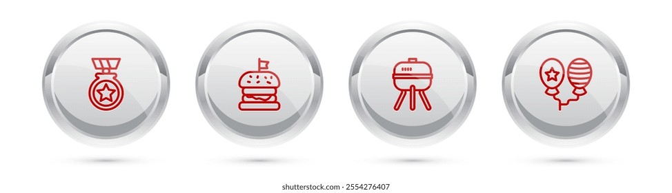 Set line Medal with star, Burger, Barbecue grill and Balloons. Silver circle button. Vector