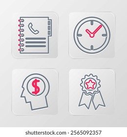 Set line Medal with star, Business man planning mind, Clock and Phone book icon. Vector