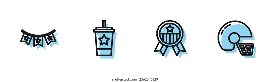 Set line Medal with star, Carnival garland flags, Paper glass straw and American football helmet icon. Vector