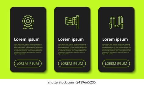 Set line Medal with star, Checkered flag and Jump rope. Business infographic template. Vector