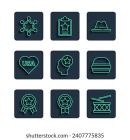 Set line Medal with star, Drum and drum sticks, Man hat ribbon, USA Head, Independence day, Hexagram sheriff and Burger icon. Vector