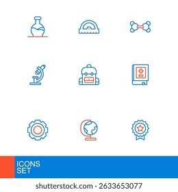 Set line Medal with star, Earth globe, Gear, Book mathematics, Microscope, School backpack, Molecule and Protractor grid icon. Vector