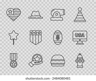 Set line Medal with star, Fire hydrant, Cannon, USA Independence day, Shield stars, Burger and monitor icon. Vector