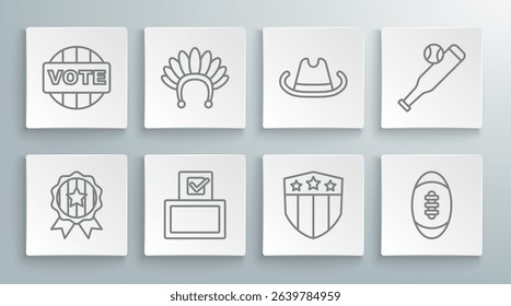 Set line Medal with star, Indian headdress feathers, Vote box, Shield stars, American Football ball, Western cowboy hat, Baseball bat and  icon. Vector