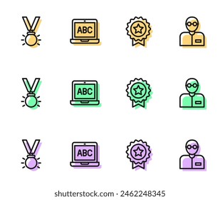 Set line Medal with star, Laptop and Teacher icon. Vector