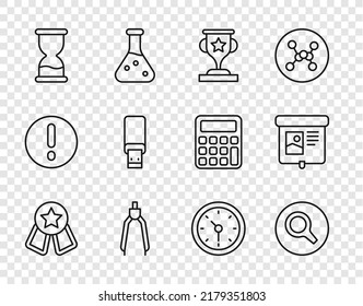 Set Line Medal With Star, Magnifying Glass, Award Cup, Drawing Compass, Old Hourglass, USB Flash Drive, Clock And Projection Screen Icon. Vector