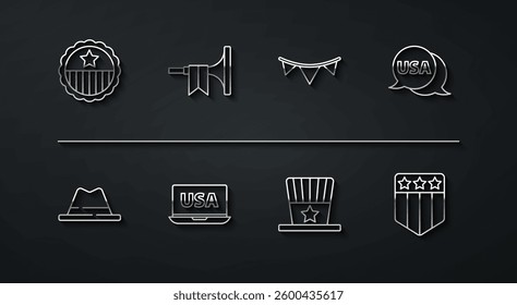 Set line Medal with star, Man hat ribbon, USA label, Patriotic American top, laptop, Trumpet, Shield stars and Carnival garland flags icon. Vector