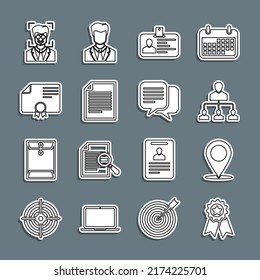 Set line Medal with star, Map pin, Referral marketing, Identification badge, Document, Certificate template, Face recognition and Chat icon. Vector