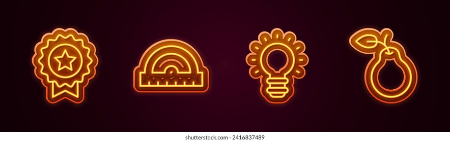 Set line Medal with star, Protractor grid, Creative lamp light idea and Pear. Glowing neon icon. Vector