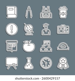 Set line Medal with star, Protractor grid, Identification badge, School backpack, Earth globe, Speech bubble and Exclamation, Book and Graduate graduation cap icon. Vector