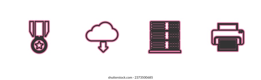 Set line Medal with star, Server, Data, Web Hosting, Cloud download and Printer icon. Vector