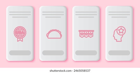 Set line Medal with star, Taco tortilla, Carnival garland flags and USA Head. White rectangle button. Vector
