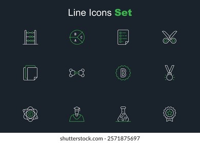 Set line Medal with star, Test tube, Graduate and graduation cap, Atom, Exam paper incorrect answers, Molecule and File document icon. Vector