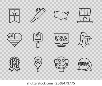 Set line Medal with star, USA Independence day, map, Balloons, American flag, football goal post, Tourist binoculars and Eagle icon. Vector