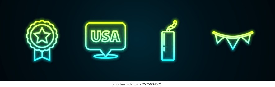 Set line Medal with star, USA Independence day, Dynamite bomb and Carnival garland flags. Glowing neon icon. Vector