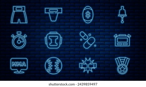 Set line Medal, Stopwatch, American Football ball, Boxing helmet, short, Vitamin pill and Groin guard icon. Vector