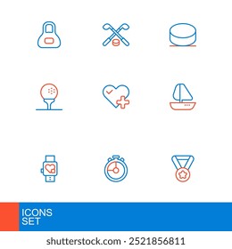 Set line Medal, Stopwatch, Smart with heart, Yacht sailboat, Golf ball on tee, Heart rate, Hockey puck and Ice hockey sticks and icon. Vector