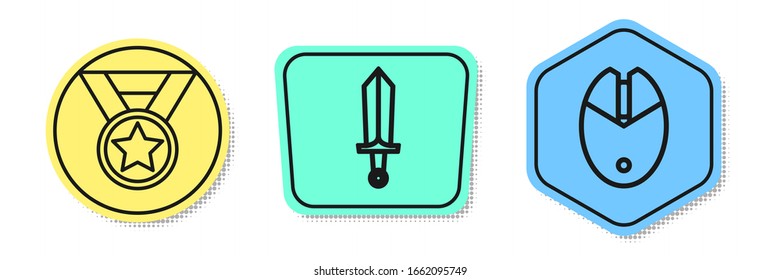 Fije la Medalla de la Línea, Espada para juegos y juegos de ratón de ordenador. Formas coloreadas. Vector