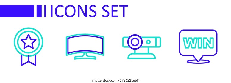 Fije la medalla de la línea, la cámara del Web, el monitor del ordenador y la calificación del juego con el icono de la medalla. Vector