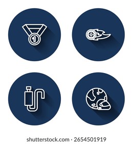Set line Medal, Wheel in fire flame, Car muffler and Racing helmet with long shadow. Blue circle button. Vector