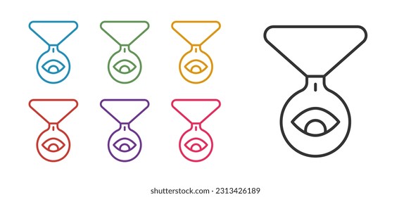 Ponga la línea Medallion en una cadena con un icono ocular aislado sobre fondo blanco. Mágico amuleto con los ojos. Indique los iconos en colores. Vector