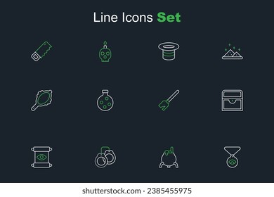 Set line Medallion on chain with eye, Witch cauldron, Handcuffs, Magic scroll, Antique treasure chest, Witches broom, Bottle potion and hand mirror icon. Vector