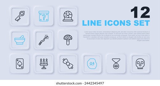 Set line Medallion on chain with eye, Skull, Magic wand, runes, Witch cauldron, Candlestick, Mystery box and Bow tie icon. Vector