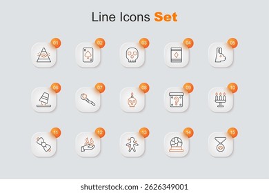 Set line Medallion on chain with eye, Magic ball, Voodoo doll, Hand holding fire, Bow tie, Candlestick, Mystery box and Burning candle skull icon. Vector