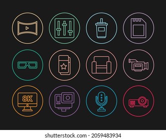 Set line Media projector, Cinema camera, Paper glass with water, ticket, 3D cinema glasses, Online play video, chair and Sound mixer controller icon. Vector