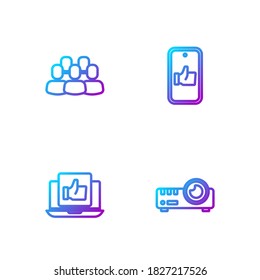 Ponga en línea Proyector de medios, parecido a la mano, base del equipo del proyecto y . Iconos de color de degradado. Vector