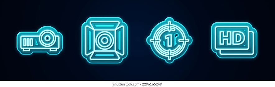 Set line Media projector, Movie spotlight, Old film movie countdown frame and Hd movie, tape,. Glowing neon icon. Vector